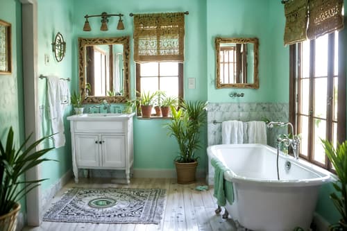 photo from pinterest of boho-chic-style interior designed (bathroom interior) with bathroom sink with faucet and shower and toilet seat and plant and waste basket and bath towel and bathtub and mirror. . . cinematic photo, highly detailed, cinematic lighting, ultra-detailed, ultrarealistic, photorealism, 8k. trending on pinterest. boho-chic interior design style. masterpiece, cinematic light, ultrarealistic+, photorealistic+, 8k, raw photo, realistic, sharp focus on eyes, (symmetrical eyes), (intact eyes), hyperrealistic, highest quality, best quality, , highly detailed, masterpiece, best quality, extremely detailed 8k wallpaper, masterpiece, best quality, ultra-detailed, best shadow, detailed background, detailed face, detailed eyes, high contrast, best illumination, detailed face, dulux, caustic, dynamic angle, detailed glow. dramatic lighting. highly detailed, insanely detailed hair, symmetrical, intricate details, professionally retouched, 8k high definition. strong bokeh. award winning photo.