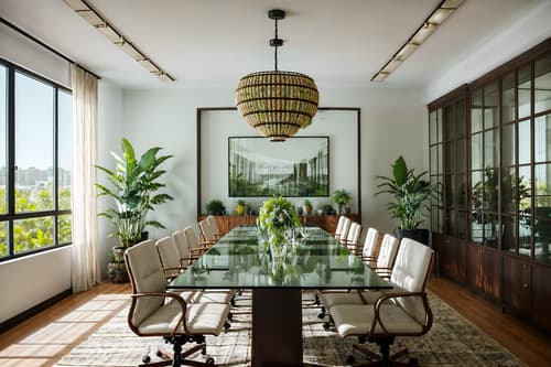 photo from pinterest of boho-chic-style interior designed (meeting room interior) with boardroom table and cabinets and glass doors and vase and office chairs and painting or photo on wall and plant and glass walls. . . cinematic photo, highly detailed, cinematic lighting, ultra-detailed, ultrarealistic, photorealism, 8k. trending on pinterest. boho-chic interior design style. masterpiece, cinematic light, ultrarealistic+, photorealistic+, 8k, raw photo, realistic, sharp focus on eyes, (symmetrical eyes), (intact eyes), hyperrealistic, highest quality, best quality, , highly detailed, masterpiece, best quality, extremely detailed 8k wallpaper, masterpiece, best quality, ultra-detailed, best shadow, detailed background, detailed face, detailed eyes, high contrast, best illumination, detailed face, dulux, caustic, dynamic angle, detailed glow. dramatic lighting. highly detailed, insanely detailed hair, symmetrical, intricate details, professionally retouched, 8k high definition. strong bokeh. award winning photo.