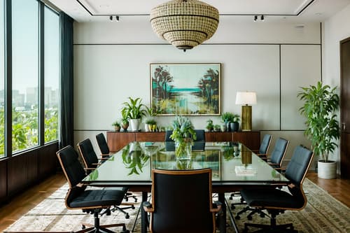 photo from pinterest of boho-chic-style interior designed (meeting room interior) with boardroom table and cabinets and glass doors and vase and office chairs and painting or photo on wall and plant and glass walls. . . cinematic photo, highly detailed, cinematic lighting, ultra-detailed, ultrarealistic, photorealism, 8k. trending on pinterest. boho-chic interior design style. masterpiece, cinematic light, ultrarealistic+, photorealistic+, 8k, raw photo, realistic, sharp focus on eyes, (symmetrical eyes), (intact eyes), hyperrealistic, highest quality, best quality, , highly detailed, masterpiece, best quality, extremely detailed 8k wallpaper, masterpiece, best quality, ultra-detailed, best shadow, detailed background, detailed face, detailed eyes, high contrast, best illumination, detailed face, dulux, caustic, dynamic angle, detailed glow. dramatic lighting. highly detailed, insanely detailed hair, symmetrical, intricate details, professionally retouched, 8k high definition. strong bokeh. award winning photo.