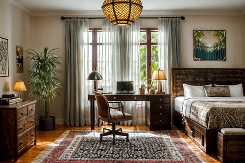 photo from pinterest of boho-chic-style interior designed (hotel room interior) with bed and hotel bathroom and working desk with desk chair and bedside table or night stand and night light and headboard and mirror and storage bench or ottoman. . . cinematic photo, highly detailed, cinematic lighting, ultra-detailed, ultrarealistic, photorealism, 8k. trending on pinterest. boho-chic interior design style. masterpiece, cinematic light, ultrarealistic+, photorealistic+, 8k, raw photo, realistic, sharp focus on eyes, (symmetrical eyes), (intact eyes), hyperrealistic, highest quality, best quality, , highly detailed, masterpiece, best quality, extremely detailed 8k wallpaper, masterpiece, best quality, ultra-detailed, best shadow, detailed background, detailed face, detailed eyes, high contrast, best illumination, detailed face, dulux, caustic, dynamic angle, detailed glow. dramatic lighting. highly detailed, insanely detailed hair, symmetrical, intricate details, professionally retouched, 8k high definition. strong bokeh. award winning photo.