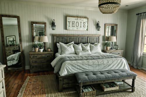 photo from pinterest of farmhouse-style interior designed (bedroom interior) with storage bench or ottoman and dresser closet and mirror and plant and headboard and bedside table or night stand and night light and bed. . with . . cinematic photo, highly detailed, cinematic lighting, ultra-detailed, ultrarealistic, photorealism, 8k. trending on pinterest. farmhouse interior design style. masterpiece, cinematic light, ultrarealistic+, photorealistic+, 8k, raw photo, realistic, sharp focus on eyes, (symmetrical eyes), (intact eyes), hyperrealistic, highest quality, best quality, , highly detailed, masterpiece, best quality, extremely detailed 8k wallpaper, masterpiece, best quality, ultra-detailed, best shadow, detailed background, detailed face, detailed eyes, high contrast, best illumination, detailed face, dulux, caustic, dynamic angle, detailed glow. dramatic lighting. highly detailed, insanely detailed hair, symmetrical, intricate details, professionally retouched, 8k high definition. strong bokeh. award winning photo.