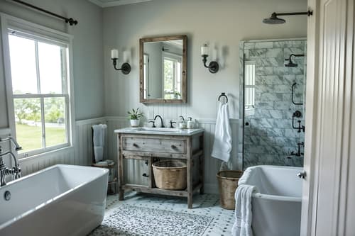 photo from pinterest of farmhouse-style interior designed (bathroom interior) with shower and waste basket and bath towel and bathroom sink with faucet and plant and mirror and bath rail and toilet seat. . with . . cinematic photo, highly detailed, cinematic lighting, ultra-detailed, ultrarealistic, photorealism, 8k. trending on pinterest. farmhouse interior design style. masterpiece, cinematic light, ultrarealistic+, photorealistic+, 8k, raw photo, realistic, sharp focus on eyes, (symmetrical eyes), (intact eyes), hyperrealistic, highest quality, best quality, , highly detailed, masterpiece, best quality, extremely detailed 8k wallpaper, masterpiece, best quality, ultra-detailed, best shadow, detailed background, detailed face, detailed eyes, high contrast, best illumination, detailed face, dulux, caustic, dynamic angle, detailed glow. dramatic lighting. highly detailed, insanely detailed hair, symmetrical, intricate details, professionally retouched, 8k high definition. strong bokeh. award winning photo.