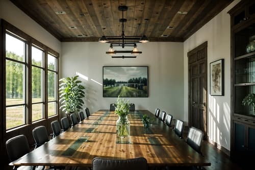 photo from pinterest of farmhouse-style interior designed (meeting room interior) with glass walls and painting or photo on wall and cabinets and office chairs and boardroom table and glass doors and vase and plant. . with . . cinematic photo, highly detailed, cinematic lighting, ultra-detailed, ultrarealistic, photorealism, 8k. trending on pinterest. farmhouse interior design style. masterpiece, cinematic light, ultrarealistic+, photorealistic+, 8k, raw photo, realistic, sharp focus on eyes, (symmetrical eyes), (intact eyes), hyperrealistic, highest quality, best quality, , highly detailed, masterpiece, best quality, extremely detailed 8k wallpaper, masterpiece, best quality, ultra-detailed, best shadow, detailed background, detailed face, detailed eyes, high contrast, best illumination, detailed face, dulux, caustic, dynamic angle, detailed glow. dramatic lighting. highly detailed, insanely detailed hair, symmetrical, intricate details, professionally retouched, 8k high definition. strong bokeh. award winning photo.