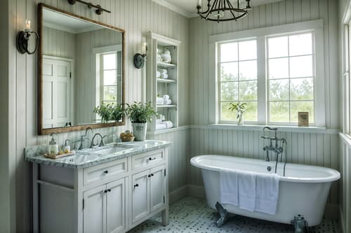 photo from pinterest of farmhouse-style interior designed (hotel bathroom interior) with bathroom cabinet and plant and mirror and bath rail and bathtub and bath towel and bathroom sink with faucet and waste basket. . with . . cinematic photo, highly detailed, cinematic lighting, ultra-detailed, ultrarealistic, photorealism, 8k. trending on pinterest. farmhouse interior design style. masterpiece, cinematic light, ultrarealistic+, photorealistic+, 8k, raw photo, realistic, sharp focus on eyes, (symmetrical eyes), (intact eyes), hyperrealistic, highest quality, best quality, , highly detailed, masterpiece, best quality, extremely detailed 8k wallpaper, masterpiece, best quality, ultra-detailed, best shadow, detailed background, detailed face, detailed eyes, high contrast, best illumination, detailed face, dulux, caustic, dynamic angle, detailed glow. dramatic lighting. highly detailed, insanely detailed hair, symmetrical, intricate details, professionally retouched, 8k high definition. strong bokeh. award winning photo.