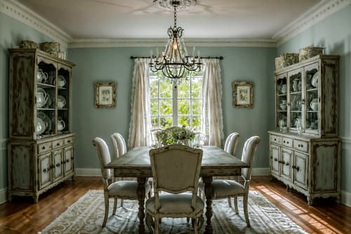 photo from pinterest of shabby chic-style interior designed (dining room interior) with light or chandelier and plates, cutlery and glasses on dining table and bookshelves and dining table and dining table chairs and plant and painting or photo on wall and vase. . . cinematic photo, highly detailed, cinematic lighting, ultra-detailed, ultrarealistic, photorealism, 8k. trending on pinterest. shabby chic interior design style. masterpiece, cinematic light, ultrarealistic+, photorealistic+, 8k, raw photo, realistic, sharp focus on eyes, (symmetrical eyes), (intact eyes), hyperrealistic, highest quality, best quality, , highly detailed, masterpiece, best quality, extremely detailed 8k wallpaper, masterpiece, best quality, ultra-detailed, best shadow, detailed background, detailed face, detailed eyes, high contrast, best illumination, detailed face, dulux, caustic, dynamic angle, detailed glow. dramatic lighting. highly detailed, insanely detailed hair, symmetrical, intricate details, professionally retouched, 8k high definition. strong bokeh. award winning photo.
