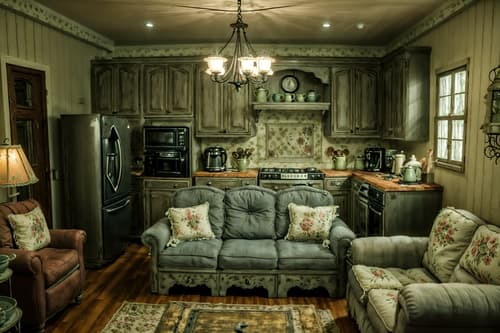 photo from pinterest of shabby chic-style interior designed (kitchen living combo interior) with coffee tables and sofa and occasional tables and stove and electric lamps and refrigerator and plant and sink. . . cinematic photo, highly detailed, cinematic lighting, ultra-detailed, ultrarealistic, photorealism, 8k. trending on pinterest. shabby chic interior design style. masterpiece, cinematic light, ultrarealistic+, photorealistic+, 8k, raw photo, realistic, sharp focus on eyes, (symmetrical eyes), (intact eyes), hyperrealistic, highest quality, best quality, , highly detailed, masterpiece, best quality, extremely detailed 8k wallpaper, masterpiece, best quality, ultra-detailed, best shadow, detailed background, detailed face, detailed eyes, high contrast, best illumination, detailed face, dulux, caustic, dynamic angle, detailed glow. dramatic lighting. highly detailed, insanely detailed hair, symmetrical, intricate details, professionally retouched, 8k high definition. strong bokeh. award winning photo.