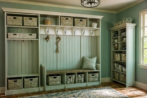 photo from pinterest of shabby chic-style interior designed (mudroom interior) with shelves for shoes and cubbies and a bench and high up storage and storage drawers and storage baskets and wall hooks for coats and cabinets. . . cinematic photo, highly detailed, cinematic lighting, ultra-detailed, ultrarealistic, photorealism, 8k. trending on pinterest. shabby chic interior design style. masterpiece, cinematic light, ultrarealistic+, photorealistic+, 8k, raw photo, realistic, sharp focus on eyes, (symmetrical eyes), (intact eyes), hyperrealistic, highest quality, best quality, , highly detailed, masterpiece, best quality, extremely detailed 8k wallpaper, masterpiece, best quality, ultra-detailed, best shadow, detailed background, detailed face, detailed eyes, high contrast, best illumination, detailed face, dulux, caustic, dynamic angle, detailed glow. dramatic lighting. highly detailed, insanely detailed hair, symmetrical, intricate details, professionally retouched, 8k high definition. strong bokeh. award winning photo.