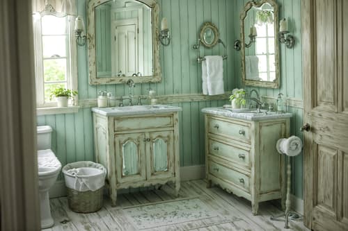 photo from pinterest of shabby chic-style interior designed (bathroom interior) with mirror and bathroom sink with faucet and toilet seat and waste basket and bath towel and bathroom cabinet and shower and plant. . . cinematic photo, highly detailed, cinematic lighting, ultra-detailed, ultrarealistic, photorealism, 8k. trending on pinterest. shabby chic interior design style. masterpiece, cinematic light, ultrarealistic+, photorealistic+, 8k, raw photo, realistic, sharp focus on eyes, (symmetrical eyes), (intact eyes), hyperrealistic, highest quality, best quality, , highly detailed, masterpiece, best quality, extremely detailed 8k wallpaper, masterpiece, best quality, ultra-detailed, best shadow, detailed background, detailed face, detailed eyes, high contrast, best illumination, detailed face, dulux, caustic, dynamic angle, detailed glow. dramatic lighting. highly detailed, insanely detailed hair, symmetrical, intricate details, professionally retouched, 8k high definition. strong bokeh. award winning photo.