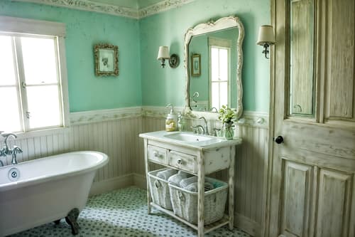 photo from pinterest of shabby chic-style interior designed (hotel bathroom interior) with toilet seat and bathroom sink with faucet and waste basket and shower and bath rail and bathroom cabinet and bathtub and mirror. . . cinematic photo, highly detailed, cinematic lighting, ultra-detailed, ultrarealistic, photorealism, 8k. trending on pinterest. shabby chic interior design style. masterpiece, cinematic light, ultrarealistic+, photorealistic+, 8k, raw photo, realistic, sharp focus on eyes, (symmetrical eyes), (intact eyes), hyperrealistic, highest quality, best quality, , highly detailed, masterpiece, best quality, extremely detailed 8k wallpaper, masterpiece, best quality, ultra-detailed, best shadow, detailed background, detailed face, detailed eyes, high contrast, best illumination, detailed face, dulux, caustic, dynamic angle, detailed glow. dramatic lighting. highly detailed, insanely detailed hair, symmetrical, intricate details, professionally retouched, 8k high definition. strong bokeh. award winning photo.