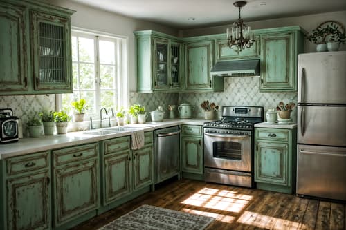 photo from pinterest of shabby chic-style interior designed (kitchen interior) with refrigerator and kitchen cabinets and plant and stove and worktops and sink and refrigerator. . . cinematic photo, highly detailed, cinematic lighting, ultra-detailed, ultrarealistic, photorealism, 8k. trending on pinterest. shabby chic interior design style. masterpiece, cinematic light, ultrarealistic+, photorealistic+, 8k, raw photo, realistic, sharp focus on eyes, (symmetrical eyes), (intact eyes), hyperrealistic, highest quality, best quality, , highly detailed, masterpiece, best quality, extremely detailed 8k wallpaper, masterpiece, best quality, ultra-detailed, best shadow, detailed background, detailed face, detailed eyes, high contrast, best illumination, detailed face, dulux, caustic, dynamic angle, detailed glow. dramatic lighting. highly detailed, insanely detailed hair, symmetrical, intricate details, professionally retouched, 8k high definition. strong bokeh. award winning photo.