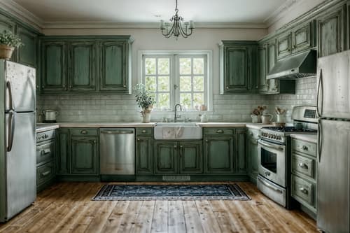 photo from pinterest of shabby chic-style interior designed (kitchen interior) with refrigerator and kitchen cabinets and plant and stove and worktops and sink and refrigerator. . . cinematic photo, highly detailed, cinematic lighting, ultra-detailed, ultrarealistic, photorealism, 8k. trending on pinterest. shabby chic interior design style. masterpiece, cinematic light, ultrarealistic+, photorealistic+, 8k, raw photo, realistic, sharp focus on eyes, (symmetrical eyes), (intact eyes), hyperrealistic, highest quality, best quality, , highly detailed, masterpiece, best quality, extremely detailed 8k wallpaper, masterpiece, best quality, ultra-detailed, best shadow, detailed background, detailed face, detailed eyes, high contrast, best illumination, detailed face, dulux, caustic, dynamic angle, detailed glow. dramatic lighting. highly detailed, insanely detailed hair, symmetrical, intricate details, professionally retouched, 8k high definition. strong bokeh. award winning photo.