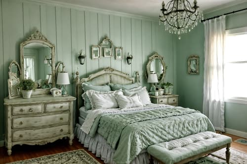 photo from pinterest of shabby chic-style interior designed (bedroom interior) with bedside table or night stand and dresser closet and plant and accent chair and mirror and storage bench or ottoman and night light and headboard. . . cinematic photo, highly detailed, cinematic lighting, ultra-detailed, ultrarealistic, photorealism, 8k. trending on pinterest. shabby chic interior design style. masterpiece, cinematic light, ultrarealistic+, photorealistic+, 8k, raw photo, realistic, sharp focus on eyes, (symmetrical eyes), (intact eyes), hyperrealistic, highest quality, best quality, , highly detailed, masterpiece, best quality, extremely detailed 8k wallpaper, masterpiece, best quality, ultra-detailed, best shadow, detailed background, detailed face, detailed eyes, high contrast, best illumination, detailed face, dulux, caustic, dynamic angle, detailed glow. dramatic lighting. highly detailed, insanely detailed hair, symmetrical, intricate details, professionally retouched, 8k high definition. strong bokeh. award winning photo.