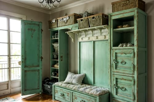 photo from pinterest of shabby chic-style interior designed (drop zone interior) with storage drawers and cabinets and high up storage and shelves for shoes and lockers and cubbies and a bench and storage baskets. . . cinematic photo, highly detailed, cinematic lighting, ultra-detailed, ultrarealistic, photorealism, 8k. trending on pinterest. shabby chic interior design style. masterpiece, cinematic light, ultrarealistic+, photorealistic+, 8k, raw photo, realistic, sharp focus on eyes, (symmetrical eyes), (intact eyes), hyperrealistic, highest quality, best quality, , highly detailed, masterpiece, best quality, extremely detailed 8k wallpaper, masterpiece, best quality, ultra-detailed, best shadow, detailed background, detailed face, detailed eyes, high contrast, best illumination, detailed face, dulux, caustic, dynamic angle, detailed glow. dramatic lighting. highly detailed, insanely detailed hair, symmetrical, intricate details, professionally retouched, 8k high definition. strong bokeh. award winning photo.