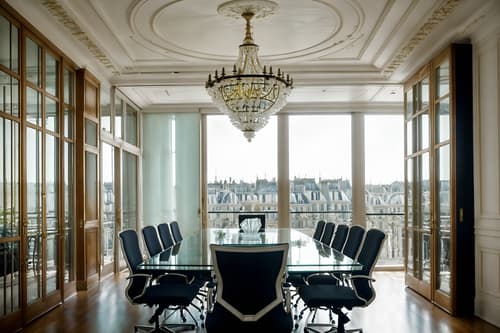 photo from pinterest of parisian-style interior designed (meeting room interior) with glass walls and office chairs and glass doors and boardroom table and vase and plant and cabinets and painting or photo on wall. . . cinematic photo, highly detailed, cinematic lighting, ultra-detailed, ultrarealistic, photorealism, 8k. trending on pinterest. parisian interior design style. masterpiece, cinematic light, ultrarealistic+, photorealistic+, 8k, raw photo, realistic, sharp focus on eyes, (symmetrical eyes), (intact eyes), hyperrealistic, highest quality, best quality, , highly detailed, masterpiece, best quality, extremely detailed 8k wallpaper, masterpiece, best quality, ultra-detailed, best shadow, detailed background, detailed face, detailed eyes, high contrast, best illumination, detailed face, dulux, caustic, dynamic angle, detailed glow. dramatic lighting. highly detailed, insanely detailed hair, symmetrical, intricate details, professionally retouched, 8k high definition. strong bokeh. award winning photo.