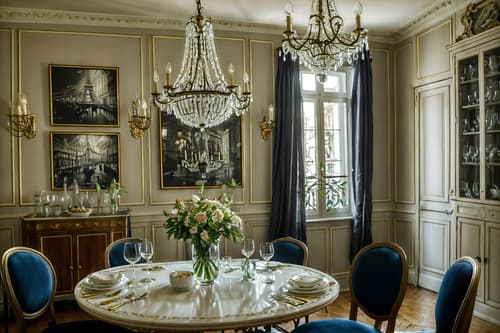 photo from pinterest of parisian-style interior designed (dining room interior) with painting or photo on wall and plant and dining table chairs and light or chandelier and vase and plates, cutlery and glasses on dining table and dining table and bookshelves. . . cinematic photo, highly detailed, cinematic lighting, ultra-detailed, ultrarealistic, photorealism, 8k. trending on pinterest. parisian interior design style. masterpiece, cinematic light, ultrarealistic+, photorealistic+, 8k, raw photo, realistic, sharp focus on eyes, (symmetrical eyes), (intact eyes), hyperrealistic, highest quality, best quality, , highly detailed, masterpiece, best quality, extremely detailed 8k wallpaper, masterpiece, best quality, ultra-detailed, best shadow, detailed background, detailed face, detailed eyes, high contrast, best illumination, detailed face, dulux, caustic, dynamic angle, detailed glow. dramatic lighting. highly detailed, insanely detailed hair, symmetrical, intricate details, professionally retouched, 8k high definition. strong bokeh. award winning photo.