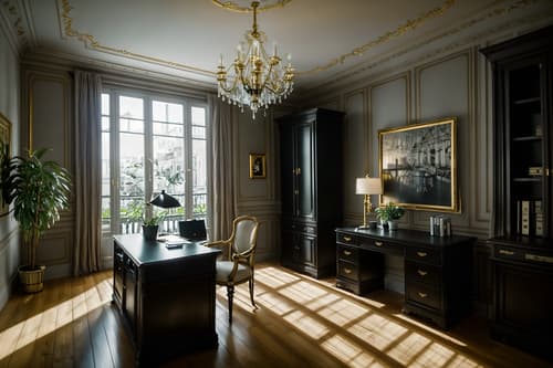 photo from pinterest of parisian-style interior designed (home office interior) with desk lamp and cabinets and office chair and computer desk and plant and desk lamp. . . cinematic photo, highly detailed, cinematic lighting, ultra-detailed, ultrarealistic, photorealism, 8k. trending on pinterest. parisian interior design style. masterpiece, cinematic light, ultrarealistic+, photorealistic+, 8k, raw photo, realistic, sharp focus on eyes, (symmetrical eyes), (intact eyes), hyperrealistic, highest quality, best quality, , highly detailed, masterpiece, best quality, extremely detailed 8k wallpaper, masterpiece, best quality, ultra-detailed, best shadow, detailed background, detailed face, detailed eyes, high contrast, best illumination, detailed face, dulux, caustic, dynamic angle, detailed glow. dramatic lighting. highly detailed, insanely detailed hair, symmetrical, intricate details, professionally retouched, 8k high definition. strong bokeh. award winning photo.