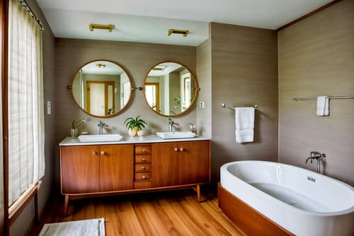 photo from pinterest of midcentury modern-style interior designed (hotel bathroom interior) with bathroom sink with faucet and bath towel and bathroom cabinet and mirror and plant and toilet seat and waste basket and bathtub. . with minimalist and function over form and nature indoors and wood pendant light mid century modern chandelier and mid century modern mobile chandelier and vibrant colors and muted tones and natural and manmade materials. . cinematic photo, highly detailed, cinematic lighting, ultra-detailed, ultrarealistic, photorealism, 8k. trending on pinterest. midcentury modern interior design style. masterpiece, cinematic light, ultrarealistic+, photorealistic+, 8k, raw photo, realistic, sharp focus on eyes, (symmetrical eyes), (intact eyes), hyperrealistic, highest quality, best quality, , highly detailed, masterpiece, best quality, extremely detailed 8k wallpaper, masterpiece, best quality, ultra-detailed, best shadow, detailed background, detailed face, detailed eyes, high contrast, best illumination, detailed face, dulux, caustic, dynamic angle, detailed glow. dramatic lighting. highly detailed, insanely detailed hair, symmetrical, intricate details, professionally retouched, 8k high definition. strong bokeh. award winning photo.