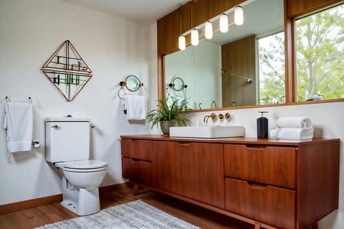 photo from pinterest of midcentury modern-style interior designed (toilet interior) with toilet with toilet seat up and toilet paper hanger and sink with tap and toilet with toilet seat up. . with minimalist and mid century modern mobile chandelier and graphic shapes and wood pendant light mid century modern chandelier and integrating indoor and outdoor motifs and natural and manmade materials and organic and geometric shapes and muted tones. . cinematic photo, highly detailed, cinematic lighting, ultra-detailed, ultrarealistic, photorealism, 8k. trending on pinterest. midcentury modern interior design style. masterpiece, cinematic light, ultrarealistic+, photorealistic+, 8k, raw photo, realistic, sharp focus on eyes, (symmetrical eyes), (intact eyes), hyperrealistic, highest quality, best quality, , highly detailed, masterpiece, best quality, extremely detailed 8k wallpaper, masterpiece, best quality, ultra-detailed, best shadow, detailed background, detailed face, detailed eyes, high contrast, best illumination, detailed face, dulux, caustic, dynamic angle, detailed glow. dramatic lighting. highly detailed, insanely detailed hair, symmetrical, intricate details, professionally retouched, 8k high definition. strong bokeh. award winning photo.