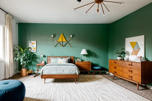 photo from pinterest of midcentury modern-style interior designed (kids room interior) with storage bench or ottoman and headboard and bed and plant and kids desk and dresser closet and bedside table or night stand and accent chair. . with organic and geometric shapes and mid century modern mobile chandelier and minimalist and nature indoors and muted tones and function over form and graphic shapes and clean lines. . cinematic photo, highly detailed, cinematic lighting, ultra-detailed, ultrarealistic, photorealism, 8k. trending on pinterest. midcentury modern interior design style. masterpiece, cinematic light, ultrarealistic+, photorealistic+, 8k, raw photo, realistic, sharp focus on eyes, (symmetrical eyes), (intact eyes), hyperrealistic, highest quality, best quality, , highly detailed, masterpiece, best quality, extremely detailed 8k wallpaper, masterpiece, best quality, ultra-detailed, best shadow, detailed background, detailed face, detailed eyes, high contrast, best illumination, detailed face, dulux, caustic, dynamic angle, detailed glow. dramatic lighting. highly detailed, insanely detailed hair, symmetrical, intricate details, professionally retouched, 8k high definition. strong bokeh. award winning photo.