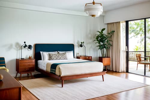 photo from pinterest of midcentury modern-style interior designed (hotel room interior) with bed and dresser closet and storage bench or ottoman and mirror and bedside table or night stand and accent chair and plant and headboard. . with minimalist and function over form and integrating indoor and outdoor motifs and graphic shapes and clean lines and wood pendant light mid century modern chandelier and muted tones and natural and manmade materials. . cinematic photo, highly detailed, cinematic lighting, ultra-detailed, ultrarealistic, photorealism, 8k. trending on pinterest. midcentury modern interior design style. masterpiece, cinematic light, ultrarealistic+, photorealistic+, 8k, raw photo, realistic, sharp focus on eyes, (symmetrical eyes), (intact eyes), hyperrealistic, highest quality, best quality, , highly detailed, masterpiece, best quality, extremely detailed 8k wallpaper, masterpiece, best quality, ultra-detailed, best shadow, detailed background, detailed face, detailed eyes, high contrast, best illumination, detailed face, dulux, caustic, dynamic angle, detailed glow. dramatic lighting. highly detailed, insanely detailed hair, symmetrical, intricate details, professionally retouched, 8k high definition. strong bokeh. award winning photo.