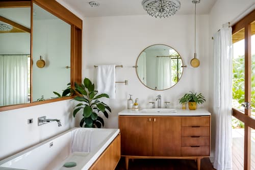 photo from pinterest of midcentury modern-style interior designed (bathroom interior) with plant and bathroom sink with faucet and bath towel and bathtub and bath rail and mirror and shower and toilet seat. . with function over form and clean lines and wood pendant light mid century modern chandelier and graphic shapes and muted tones and minimalist and integrating indoor and outdoor motifs and natural and manmade materials. . cinematic photo, highly detailed, cinematic lighting, ultra-detailed, ultrarealistic, photorealism, 8k. trending on pinterest. midcentury modern interior design style. masterpiece, cinematic light, ultrarealistic+, photorealistic+, 8k, raw photo, realistic, sharp focus on eyes, (symmetrical eyes), (intact eyes), hyperrealistic, highest quality, best quality, , highly detailed, masterpiece, best quality, extremely detailed 8k wallpaper, masterpiece, best quality, ultra-detailed, best shadow, detailed background, detailed face, detailed eyes, high contrast, best illumination, detailed face, dulux, caustic, dynamic angle, detailed glow. dramatic lighting. highly detailed, insanely detailed hair, symmetrical, intricate details, professionally retouched, 8k high definition. strong bokeh. award winning photo.