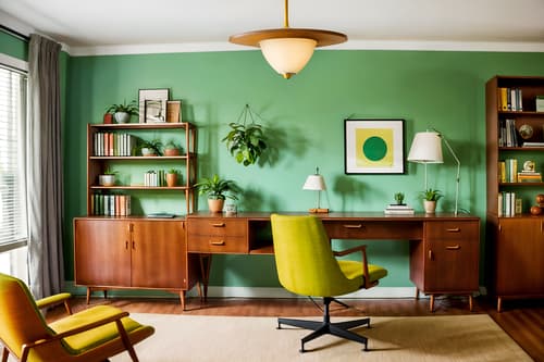 photo from pinterest of midcentury modern-style interior designed (study room interior) with lounge chair and desk lamp and bookshelves and cabinets and office chair and writing desk and plant and lounge chair. . with nature indoors and minimalist and graphic shapes and mid century modern mobile chandelier and vibrant colors and muted tones and function over form and natural and manmade materials. . cinematic photo, highly detailed, cinematic lighting, ultra-detailed, ultrarealistic, photorealism, 8k. trending on pinterest. midcentury modern interior design style. masterpiece, cinematic light, ultrarealistic+, photorealistic+, 8k, raw photo, realistic, sharp focus on eyes, (symmetrical eyes), (intact eyes), hyperrealistic, highest quality, best quality, , highly detailed, masterpiece, best quality, extremely detailed 8k wallpaper, masterpiece, best quality, ultra-detailed, best shadow, detailed background, detailed face, detailed eyes, high contrast, best illumination, detailed face, dulux, caustic, dynamic angle, detailed glow. dramatic lighting. highly detailed, insanely detailed hair, symmetrical, intricate details, professionally retouched, 8k high definition. strong bokeh. award winning photo.