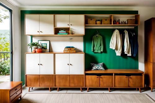 photo from pinterest of midcentury modern-style interior designed (drop zone interior) with shelves for shoes and a bench and storage drawers and storage baskets and wall hooks for coats and cabinets and lockers and high up storage. . with clean lines and integrating indoor and outdoor motifs and organic and geometric shapes and function over form and vibrant colors and nature indoors and natural and manmade materials and graphic shapes. . cinematic photo, highly detailed, cinematic lighting, ultra-detailed, ultrarealistic, photorealism, 8k. trending on pinterest. midcentury modern interior design style. masterpiece, cinematic light, ultrarealistic+, photorealistic+, 8k, raw photo, realistic, sharp focus on eyes, (symmetrical eyes), (intact eyes), hyperrealistic, highest quality, best quality, , highly detailed, masterpiece, best quality, extremely detailed 8k wallpaper, masterpiece, best quality, ultra-detailed, best shadow, detailed background, detailed face, detailed eyes, high contrast, best illumination, detailed face, dulux, caustic, dynamic angle, detailed glow. dramatic lighting. highly detailed, insanely detailed hair, symmetrical, intricate details, professionally retouched, 8k high definition. strong bokeh. award winning photo.