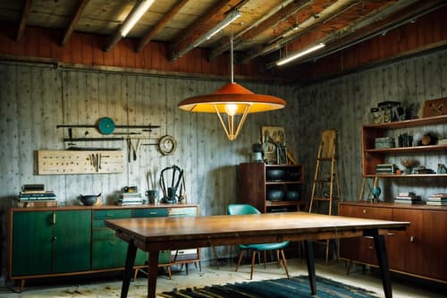 photo from pinterest of midcentury modern-style interior designed (workshop interior) with messy and wooden workbench and tool wall and messy. . with graphic shapes and muted tones and organic and geometric shapes and vibrant colors and natural and manmade materials and mid century modern mobile chandelier and minimalist and function over form. . cinematic photo, highly detailed, cinematic lighting, ultra-detailed, ultrarealistic, photorealism, 8k. trending on pinterest. midcentury modern interior design style. masterpiece, cinematic light, ultrarealistic+, photorealistic+, 8k, raw photo, realistic, sharp focus on eyes, (symmetrical eyes), (intact eyes), hyperrealistic, highest quality, best quality, , highly detailed, masterpiece, best quality, extremely detailed 8k wallpaper, masterpiece, best quality, ultra-detailed, best shadow, detailed background, detailed face, detailed eyes, high contrast, best illumination, detailed face, dulux, caustic, dynamic angle, detailed glow. dramatic lighting. highly detailed, insanely detailed hair, symmetrical, intricate details, professionally retouched, 8k high definition. strong bokeh. award winning photo.