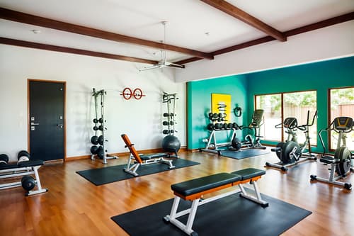 photo from pinterest of midcentury modern-style interior designed (fitness gym interior) with crosstrainer and bench press and squat rack and dumbbell stand and exercise bicycle and crosstrainer. . with minimalist and clean lines and integrating indoor and outdoor motifs and organic and geometric shapes and vibrant colors and graphic shapes and natural and manmade materials and function over form. . cinematic photo, highly detailed, cinematic lighting, ultra-detailed, ultrarealistic, photorealism, 8k. trending on pinterest. midcentury modern interior design style. masterpiece, cinematic light, ultrarealistic+, photorealistic+, 8k, raw photo, realistic, sharp focus on eyes, (symmetrical eyes), (intact eyes), hyperrealistic, highest quality, best quality, , highly detailed, masterpiece, best quality, extremely detailed 8k wallpaper, masterpiece, best quality, ultra-detailed, best shadow, detailed background, detailed face, detailed eyes, high contrast, best illumination, detailed face, dulux, caustic, dynamic angle, detailed glow. dramatic lighting. highly detailed, insanely detailed hair, symmetrical, intricate details, professionally retouched, 8k high definition. strong bokeh. award winning photo.
