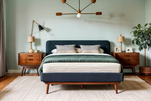 photo from pinterest of midcentury modern-style interior designed (bedroom interior) with night light and bed and accent chair and storage bench or ottoman and headboard and plant and mirror and bedside table or night stand. . with minimalist and natural and manmade materials and wood pendant light mid century modern chandelier and organic and geometric shapes and muted tones and vibrant colors and graphic shapes and clean lines. . cinematic photo, highly detailed, cinematic lighting, ultra-detailed, ultrarealistic, photorealism, 8k. trending on pinterest. midcentury modern interior design style. masterpiece, cinematic light, ultrarealistic+, photorealistic+, 8k, raw photo, realistic, sharp focus on eyes, (symmetrical eyes), (intact eyes), hyperrealistic, highest quality, best quality, , highly detailed, masterpiece, best quality, extremely detailed 8k wallpaper, masterpiece, best quality, ultra-detailed, best shadow, detailed background, detailed face, detailed eyes, high contrast, best illumination, detailed face, dulux, caustic, dynamic angle, detailed glow. dramatic lighting. highly detailed, insanely detailed hair, symmetrical, intricate details, professionally retouched, 8k high definition. strong bokeh. award winning photo.