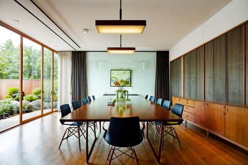 photo from pinterest of midcentury modern-style interior designed (meeting room interior) with glass walls and painting or photo on wall and glass doors and cabinets and office chairs and plant and vase and boardroom table. . with nature indoors and muted tones and wood pendant light mid century modern chandelier and integrating indoor and outdoor motifs and clean lines and vibrant colors and minimalist and organic and geometric shapes. . cinematic photo, highly detailed, cinematic lighting, ultra-detailed, ultrarealistic, photorealism, 8k. trending on pinterest. midcentury modern interior design style. masterpiece, cinematic light, ultrarealistic+, photorealistic+, 8k, raw photo, realistic, sharp focus on eyes, (symmetrical eyes), (intact eyes), hyperrealistic, highest quality, best quality, , highly detailed, masterpiece, best quality, extremely detailed 8k wallpaper, masterpiece, best quality, ultra-detailed, best shadow, detailed background, detailed face, detailed eyes, high contrast, best illumination, detailed face, dulux, caustic, dynamic angle, detailed glow. dramatic lighting. highly detailed, insanely detailed hair, symmetrical, intricate details, professionally retouched, 8k high definition. strong bokeh. award winning photo.