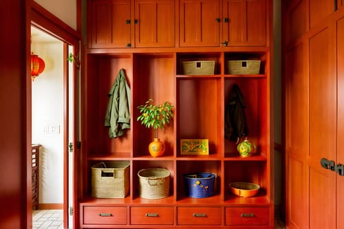 photo from pinterest of chinese new year-style interior designed (mudroom interior) with cubbies and storage baskets and wall hooks for coats and storage drawers and shelves for shoes and high up storage and a bench and cabinets. . with orange trees and door couplets and kumquat trees and mei hwa flowers and money tree and paper firecrackers and paper cuttings and chinese red lanterns. . cinematic photo, highly detailed, cinematic lighting, ultra-detailed, ultrarealistic, photorealism, 8k. trending on pinterest. chinese new year interior design style. masterpiece, cinematic light, ultrarealistic+, photorealistic+, 8k, raw photo, realistic, sharp focus on eyes, (symmetrical eyes), (intact eyes), hyperrealistic, highest quality, best quality, , highly detailed, masterpiece, best quality, extremely detailed 8k wallpaper, masterpiece, best quality, ultra-detailed, best shadow, detailed background, detailed face, detailed eyes, high contrast, best illumination, detailed face, dulux, caustic, dynamic angle, detailed glow. dramatic lighting. highly detailed, insanely detailed hair, symmetrical, intricate details, professionally retouched, 8k high definition. strong bokeh. award winning photo.