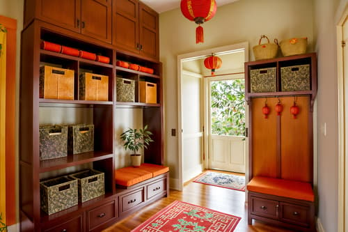 photo from pinterest of chinese new year-style interior designed (mudroom interior) with cubbies and storage baskets and wall hooks for coats and storage drawers and shelves for shoes and high up storage and a bench and cabinets. . with orange trees and door couplets and kumquat trees and mei hwa flowers and money tree and paper firecrackers and paper cuttings and chinese red lanterns. . cinematic photo, highly detailed, cinematic lighting, ultra-detailed, ultrarealistic, photorealism, 8k. trending on pinterest. chinese new year interior design style. masterpiece, cinematic light, ultrarealistic+, photorealistic+, 8k, raw photo, realistic, sharp focus on eyes, (symmetrical eyes), (intact eyes), hyperrealistic, highest quality, best quality, , highly detailed, masterpiece, best quality, extremely detailed 8k wallpaper, masterpiece, best quality, ultra-detailed, best shadow, detailed background, detailed face, detailed eyes, high contrast, best illumination, detailed face, dulux, caustic, dynamic angle, detailed glow. dramatic lighting. highly detailed, insanely detailed hair, symmetrical, intricate details, professionally retouched, 8k high definition. strong bokeh. award winning photo.