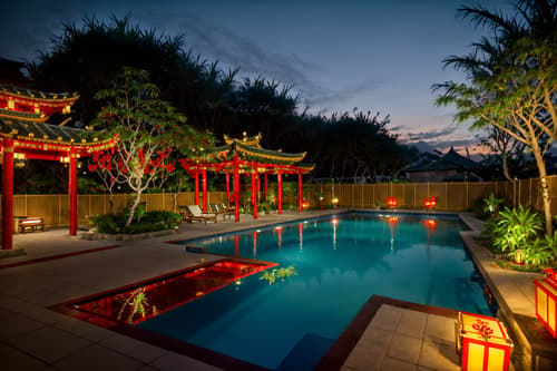 photo from pinterest of chinese new year-style designed (outdoor pool area ) with pool lights and pool and pool lounge chairs and pool lights. . with red and gold candles and red and gold tassels and mei hwa flowers and money tree and paper firecrackers and orange trees and vases of plum blossoms and orchids and door couplets. . cinematic photo, highly detailed, cinematic lighting, ultra-detailed, ultrarealistic, photorealism, 8k. trending on pinterest. chinese new year design style. masterpiece, cinematic light, ultrarealistic+, photorealistic+, 8k, raw photo, realistic, sharp focus on eyes, (symmetrical eyes), (intact eyes), hyperrealistic, highest quality, best quality, , highly detailed, masterpiece, best quality, extremely detailed 8k wallpaper, masterpiece, best quality, ultra-detailed, best shadow, detailed background, detailed face, detailed eyes, high contrast, best illumination, detailed face, dulux, caustic, dynamic angle, detailed glow. dramatic lighting. highly detailed, insanely detailed hair, symmetrical, intricate details, professionally retouched, 8k high definition. strong bokeh. award winning photo.