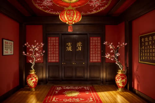 photo from pinterest of chinese new year-style interior designed (attic interior) . with vases of plum blossoms and orchids and red and gold tassels and door couplets and zodiac calendar and orange trees and red and gold candles and money tree and paper cuttings. . cinematic photo, highly detailed, cinematic lighting, ultra-detailed, ultrarealistic, photorealism, 8k. trending on pinterest. chinese new year interior design style. masterpiece, cinematic light, ultrarealistic+, photorealistic+, 8k, raw photo, realistic, sharp focus on eyes, (symmetrical eyes), (intact eyes), hyperrealistic, highest quality, best quality, , highly detailed, masterpiece, best quality, extremely detailed 8k wallpaper, masterpiece, best quality, ultra-detailed, best shadow, detailed background, detailed face, detailed eyes, high contrast, best illumination, detailed face, dulux, caustic, dynamic angle, detailed glow. dramatic lighting. highly detailed, insanely detailed hair, symmetrical, intricate details, professionally retouched, 8k high definition. strong bokeh. award winning photo.