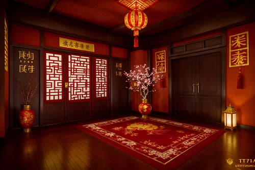 photo from pinterest of chinese new year-style interior designed (attic interior) . with vases of plum blossoms and orchids and red and gold tassels and door couplets and zodiac calendar and orange trees and red and gold candles and money tree and paper cuttings. . cinematic photo, highly detailed, cinematic lighting, ultra-detailed, ultrarealistic, photorealism, 8k. trending on pinterest. chinese new year interior design style. masterpiece, cinematic light, ultrarealistic+, photorealistic+, 8k, raw photo, realistic, sharp focus on eyes, (symmetrical eyes), (intact eyes), hyperrealistic, highest quality, best quality, , highly detailed, masterpiece, best quality, extremely detailed 8k wallpaper, masterpiece, best quality, ultra-detailed, best shadow, detailed background, detailed face, detailed eyes, high contrast, best illumination, detailed face, dulux, caustic, dynamic angle, detailed glow. dramatic lighting. highly detailed, insanely detailed hair, symmetrical, intricate details, professionally retouched, 8k high definition. strong bokeh. award winning photo.