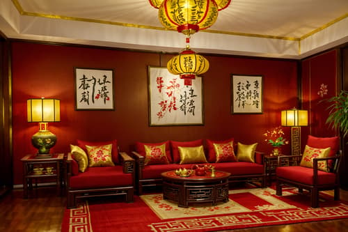 photo from pinterest of chinese new year-style interior designed (living room interior) with plant and occasional tables and televisions and furniture and electric lamps and coffee tables and rug and chairs. . with gold ingots and door couplets and vases of plum blossoms and orchids and chinese red lanterns and fai chun banners and red and gold tassels and red fabric & pillows and paper cuttings. . cinematic photo, highly detailed, cinematic lighting, ultra-detailed, ultrarealistic, photorealism, 8k. trending on pinterest. chinese new year interior design style. masterpiece, cinematic light, ultrarealistic+, photorealistic+, 8k, raw photo, realistic, sharp focus on eyes, (symmetrical eyes), (intact eyes), hyperrealistic, highest quality, best quality, , highly detailed, masterpiece, best quality, extremely detailed 8k wallpaper, masterpiece, best quality, ultra-detailed, best shadow, detailed background, detailed face, detailed eyes, high contrast, best illumination, detailed face, dulux, caustic, dynamic angle, detailed glow. dramatic lighting. highly detailed, insanely detailed hair, symmetrical, intricate details, professionally retouched, 8k high definition. strong bokeh. award winning photo.