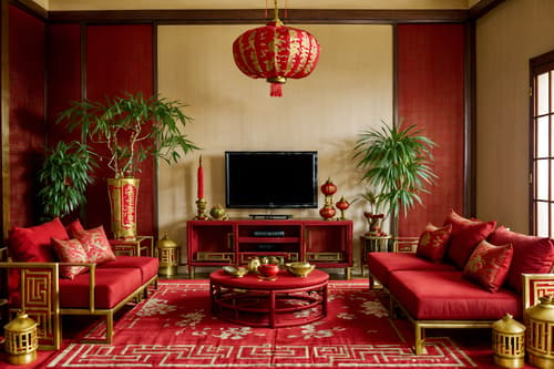photo from pinterest of chinese new year-style interior designed (living room interior) with plant and occasional tables and televisions and furniture and electric lamps and coffee tables and rug and chairs. . with gold ingots and door couplets and vases of plum blossoms and orchids and chinese red lanterns and fai chun banners and red and gold tassels and red fabric & pillows and paper cuttings. . cinematic photo, highly detailed, cinematic lighting, ultra-detailed, ultrarealistic, photorealism, 8k. trending on pinterest. chinese new year interior design style. masterpiece, cinematic light, ultrarealistic+, photorealistic+, 8k, raw photo, realistic, sharp focus on eyes, (symmetrical eyes), (intact eyes), hyperrealistic, highest quality, best quality, , highly detailed, masterpiece, best quality, extremely detailed 8k wallpaper, masterpiece, best quality, ultra-detailed, best shadow, detailed background, detailed face, detailed eyes, high contrast, best illumination, detailed face, dulux, caustic, dynamic angle, detailed glow. dramatic lighting. highly detailed, insanely detailed hair, symmetrical, intricate details, professionally retouched, 8k high definition. strong bokeh. award winning photo.