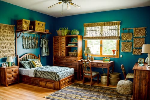 photo from pinterest of tribal-style interior designed (kids room interior) with storage bench or ottoman and dresser closet and kids desk and headboard and bedside table or night stand and plant and mirror and night light. . with planks of stone and animal prints and smooth worn timbers and exuberant splashes of colour and tribal revival and hand dyed batik fabrics and intricate grass weaving and desert colours. . cinematic photo, highly detailed, cinematic lighting, ultra-detailed, ultrarealistic, photorealism, 8k. trending on pinterest. tribal interior design style. masterpiece, cinematic light, ultrarealistic+, photorealistic+, 8k, raw photo, realistic, sharp focus on eyes, (symmetrical eyes), (intact eyes), hyperrealistic, highest quality, best quality, , highly detailed, masterpiece, best quality, extremely detailed 8k wallpaper, masterpiece, best quality, ultra-detailed, best shadow, detailed background, detailed face, detailed eyes, high contrast, best illumination, detailed face, dulux, caustic, dynamic angle, detailed glow. dramatic lighting. highly detailed, insanely detailed hair, symmetrical, intricate details, professionally retouched, 8k high definition. strong bokeh. award winning photo.