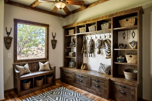 photo from pinterest of tribal-style interior designed (mudroom interior) with cubbies and wall hooks for coats and cabinets and a bench and storage baskets and shelves for shoes and storage drawers and high up storage. . with tribal patterns and tribal revival and planks of stone and animal prints and sculptures and artworks and smooth worn timbers and desert colours and animal furslinen. . cinematic photo, highly detailed, cinematic lighting, ultra-detailed, ultrarealistic, photorealism, 8k. trending on pinterest. tribal interior design style. masterpiece, cinematic light, ultrarealistic+, photorealistic+, 8k, raw photo, realistic, sharp focus on eyes, (symmetrical eyes), (intact eyes), hyperrealistic, highest quality, best quality, , highly detailed, masterpiece, best quality, extremely detailed 8k wallpaper, masterpiece, best quality, ultra-detailed, best shadow, detailed background, detailed face, detailed eyes, high contrast, best illumination, detailed face, dulux, caustic, dynamic angle, detailed glow. dramatic lighting. highly detailed, insanely detailed hair, symmetrical, intricate details, professionally retouched, 8k high definition. strong bokeh. award winning photo.