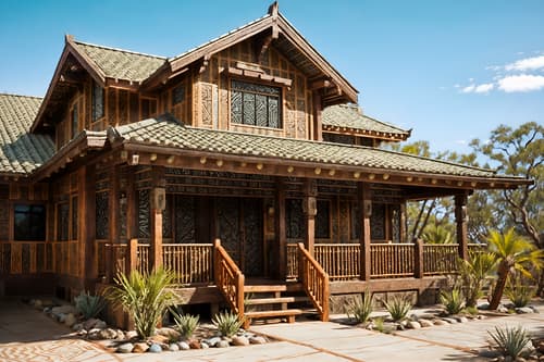 photo from pinterest of tribal-style exterior designed (house exterior exterior) . with exuberant splashes of colour and animal prints and smooth worn timbers and sculptures and artworks and tribal patterns and planks of stone and hand dyed batik fabrics and desert colours. . cinematic photo, highly detailed, cinematic lighting, ultra-detailed, ultrarealistic, photorealism, 8k. trending on pinterest. tribal exterior design style. masterpiece, cinematic light, ultrarealistic+, photorealistic+, 8k, raw photo, realistic, sharp focus on eyes, (symmetrical eyes), (intact eyes), hyperrealistic, highest quality, best quality, , highly detailed, masterpiece, best quality, extremely detailed 8k wallpaper, masterpiece, best quality, ultra-detailed, best shadow, detailed background, detailed face, detailed eyes, high contrast, best illumination, detailed face, dulux, caustic, dynamic angle, detailed glow. dramatic lighting. highly detailed, insanely detailed hair, symmetrical, intricate details, professionally retouched, 8k high definition. strong bokeh. award winning photo.