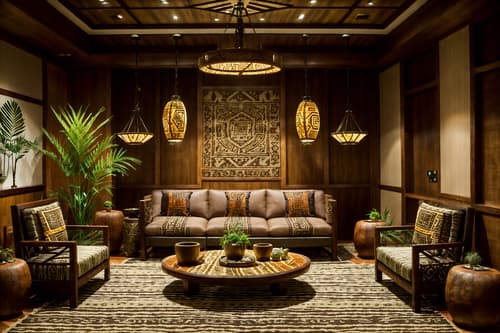 photo from pinterest of tribal-style interior designed (hotel lobby interior) with hanging lamps and sofas and check in desk and furniture and coffee tables and plant and rug and lounge chairs. . with sculptures and artworks and tribal patterns and intricate grass weaving and smooth worn timbers and desert colours and tribal revival and animal prints and planks of stone. . cinematic photo, highly detailed, cinematic lighting, ultra-detailed, ultrarealistic, photorealism, 8k. trending on pinterest. tribal interior design style. masterpiece, cinematic light, ultrarealistic+, photorealistic+, 8k, raw photo, realistic, sharp focus on eyes, (symmetrical eyes), (intact eyes), hyperrealistic, highest quality, best quality, , highly detailed, masterpiece, best quality, extremely detailed 8k wallpaper, masterpiece, best quality, ultra-detailed, best shadow, detailed background, detailed face, detailed eyes, high contrast, best illumination, detailed face, dulux, caustic, dynamic angle, detailed glow. dramatic lighting. highly detailed, insanely detailed hair, symmetrical, intricate details, professionally retouched, 8k high definition. strong bokeh. award winning photo.