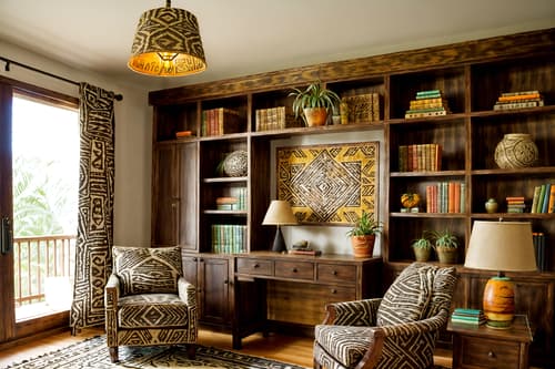 photo from pinterest of tribal-style interior designed (study room interior) with desk lamp and office chair and lounge chair and plant and cabinets and bookshelves and writing desk and desk lamp. . with desert colours and hand dyed batik fabrics and tribal revival and animal prints and animal furslinen and exuberant splashes of colour and smooth worn timbers and planks of stone. . cinematic photo, highly detailed, cinematic lighting, ultra-detailed, ultrarealistic, photorealism, 8k. trending on pinterest. tribal interior design style. masterpiece, cinematic light, ultrarealistic+, photorealistic+, 8k, raw photo, realistic, sharp focus on eyes, (symmetrical eyes), (intact eyes), hyperrealistic, highest quality, best quality, , highly detailed, masterpiece, best quality, extremely detailed 8k wallpaper, masterpiece, best quality, ultra-detailed, best shadow, detailed background, detailed face, detailed eyes, high contrast, best illumination, detailed face, dulux, caustic, dynamic angle, detailed glow. dramatic lighting. highly detailed, insanely detailed hair, symmetrical, intricate details, professionally retouched, 8k high definition. strong bokeh. award winning photo.