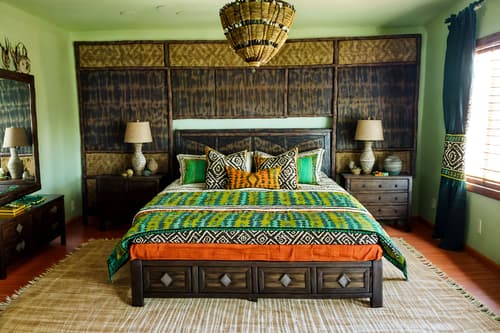 photo from pinterest of tribal-style interior designed (bedroom interior) with dresser closet and plant and night light and accent chair and headboard and bed and mirror and storage bench or ottoman. . with hand dyed batik fabrics and intricate grass weaving and exuberant splashes of colour and tribal patterns and animal prints and tribal revival and animal furslinen and planks of stone. . cinematic photo, highly detailed, cinematic lighting, ultra-detailed, ultrarealistic, photorealism, 8k. trending on pinterest. tribal interior design style. masterpiece, cinematic light, ultrarealistic+, photorealistic+, 8k, raw photo, realistic, sharp focus on eyes, (symmetrical eyes), (intact eyes), hyperrealistic, highest quality, best quality, , highly detailed, masterpiece, best quality, extremely detailed 8k wallpaper, masterpiece, best quality, ultra-detailed, best shadow, detailed background, detailed face, detailed eyes, high contrast, best illumination, detailed face, dulux, caustic, dynamic angle, detailed glow. dramatic lighting. highly detailed, insanely detailed hair, symmetrical, intricate details, professionally retouched, 8k high definition. strong bokeh. award winning photo.