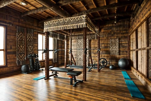 photo from pinterest of tribal-style interior designed (fitness gym interior) with dumbbell stand and exercise bicycle and bench press and crosstrainer and squat rack and dumbbell stand. . with tribal revival and hand dyed batik fabrics and smooth worn timbers and desert colours and exuberant splashes of colour and planks of stone and tribal patterns and animal furslinen. . cinematic photo, highly detailed, cinematic lighting, ultra-detailed, ultrarealistic, photorealism, 8k. trending on pinterest. tribal interior design style. masterpiece, cinematic light, ultrarealistic+, photorealistic+, 8k, raw photo, realistic, sharp focus on eyes, (symmetrical eyes), (intact eyes), hyperrealistic, highest quality, best quality, , highly detailed, masterpiece, best quality, extremely detailed 8k wallpaper, masterpiece, best quality, ultra-detailed, best shadow, detailed background, detailed face, detailed eyes, high contrast, best illumination, detailed face, dulux, caustic, dynamic angle, detailed glow. dramatic lighting. highly detailed, insanely detailed hair, symmetrical, intricate details, professionally retouched, 8k high definition. strong bokeh. award winning photo.