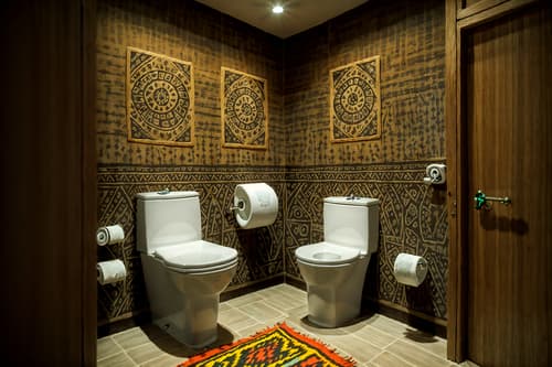 photo from pinterest of tribal-style interior designed (toilet interior) with sink with tap and toilet with toilet seat up and toilet paper hanger and sink with tap. . with exuberant splashes of colour and desert colours and animal prints and intricate grass weaving and tribal revival and animal furslinen and tribal patterns and sculptures and artworks. . cinematic photo, highly detailed, cinematic lighting, ultra-detailed, ultrarealistic, photorealism, 8k. trending on pinterest. tribal interior design style. masterpiece, cinematic light, ultrarealistic+, photorealistic+, 8k, raw photo, realistic, sharp focus on eyes, (symmetrical eyes), (intact eyes), hyperrealistic, highest quality, best quality, , highly detailed, masterpiece, best quality, extremely detailed 8k wallpaper, masterpiece, best quality, ultra-detailed, best shadow, detailed background, detailed face, detailed eyes, high contrast, best illumination, detailed face, dulux, caustic, dynamic angle, detailed glow. dramatic lighting. highly detailed, insanely detailed hair, symmetrical, intricate details, professionally retouched, 8k high definition. strong bokeh. award winning photo.