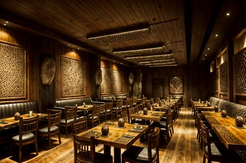 photo from pinterest of tribal-style interior designed (restaurant interior) with restaurant decor and restaurant dining tables and restaurant bar and restaurant chairs and restaurant decor. . with tribal patterns and animal furslinen and smooth worn timbers and intricate grass weaving and planks of stone and animal prints and sculptures and artworks and desert colours. . cinematic photo, highly detailed, cinematic lighting, ultra-detailed, ultrarealistic, photorealism, 8k. trending on pinterest. tribal interior design style. masterpiece, cinematic light, ultrarealistic+, photorealistic+, 8k, raw photo, realistic, sharp focus on eyes, (symmetrical eyes), (intact eyes), hyperrealistic, highest quality, best quality, , highly detailed, masterpiece, best quality, extremely detailed 8k wallpaper, masterpiece, best quality, ultra-detailed, best shadow, detailed background, detailed face, detailed eyes, high contrast, best illumination, detailed face, dulux, caustic, dynamic angle, detailed glow. dramatic lighting. highly detailed, insanely detailed hair, symmetrical, intricate details, professionally retouched, 8k high definition. strong bokeh. award winning photo.