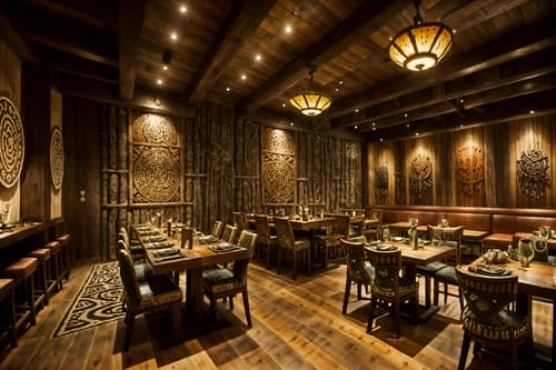 photo from pinterest of tribal-style interior designed (restaurant interior) with restaurant decor and restaurant dining tables and restaurant bar and restaurant chairs and restaurant decor. . with tribal patterns and animal furslinen and smooth worn timbers and intricate grass weaving and planks of stone and animal prints and sculptures and artworks and desert colours. . cinematic photo, highly detailed, cinematic lighting, ultra-detailed, ultrarealistic, photorealism, 8k. trending on pinterest. tribal interior design style. masterpiece, cinematic light, ultrarealistic+, photorealistic+, 8k, raw photo, realistic, sharp focus on eyes, (symmetrical eyes), (intact eyes), hyperrealistic, highest quality, best quality, , highly detailed, masterpiece, best quality, extremely detailed 8k wallpaper, masterpiece, best quality, ultra-detailed, best shadow, detailed background, detailed face, detailed eyes, high contrast, best illumination, detailed face, dulux, caustic, dynamic angle, detailed glow. dramatic lighting. highly detailed, insanely detailed hair, symmetrical, intricate details, professionally retouched, 8k high definition. strong bokeh. award winning photo.