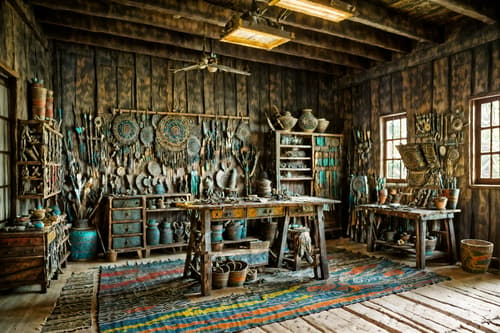 photo from pinterest of tribal-style interior designed (workshop interior) with tool wall and messy and wooden workbench and tool wall. . with tribal patterns and sculptures and artworks and planks of stone and exuberant splashes of colour and animal prints and animal furslinen and hand dyed batik fabrics and tribal revival. . cinematic photo, highly detailed, cinematic lighting, ultra-detailed, ultrarealistic, photorealism, 8k. trending on pinterest. tribal interior design style. masterpiece, cinematic light, ultrarealistic+, photorealistic+, 8k, raw photo, realistic, sharp focus on eyes, (symmetrical eyes), (intact eyes), hyperrealistic, highest quality, best quality, , highly detailed, masterpiece, best quality, extremely detailed 8k wallpaper, masterpiece, best quality, ultra-detailed, best shadow, detailed background, detailed face, detailed eyes, high contrast, best illumination, detailed face, dulux, caustic, dynamic angle, detailed glow. dramatic lighting. highly detailed, insanely detailed hair, symmetrical, intricate details, professionally retouched, 8k high definition. strong bokeh. award winning photo.