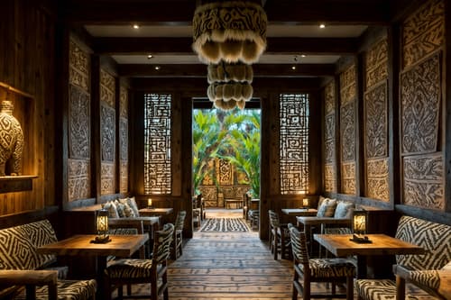 photo from pinterest of tribal-style interior designed (coffee shop interior) . with animal prints and animal furslinen and intricate grass weaving and sculptures and artworks and planks of stone and desert colours and smooth worn timbers and tribal revival. . cinematic photo, highly detailed, cinematic lighting, ultra-detailed, ultrarealistic, photorealism, 8k. trending on pinterest. tribal interior design style. masterpiece, cinematic light, ultrarealistic+, photorealistic+, 8k, raw photo, realistic, sharp focus on eyes, (symmetrical eyes), (intact eyes), hyperrealistic, highest quality, best quality, , highly detailed, masterpiece, best quality, extremely detailed 8k wallpaper, masterpiece, best quality, ultra-detailed, best shadow, detailed background, detailed face, detailed eyes, high contrast, best illumination, detailed face, dulux, caustic, dynamic angle, detailed glow. dramatic lighting. highly detailed, insanely detailed hair, symmetrical, intricate details, professionally retouched, 8k high definition. strong bokeh. award winning photo.